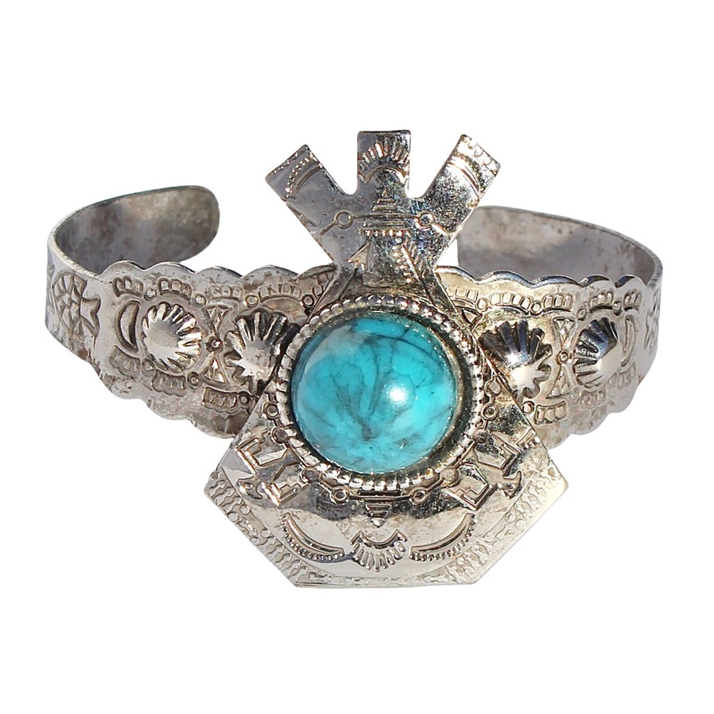 Vintage Southwestern Faux Turquoise Statement Cuff Bracelet Silver Tone Teepee